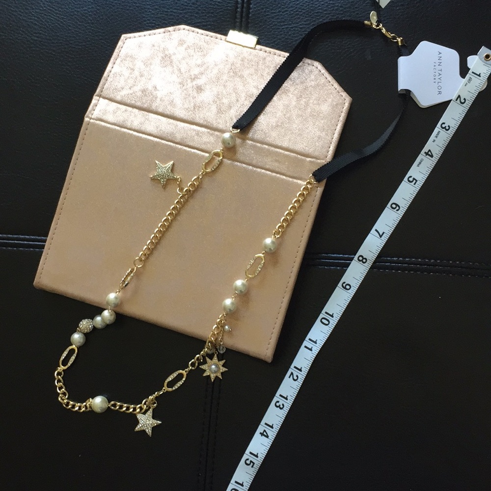 Long pave pearl star goldtone necklace on ribbon - Picture 5 of 5